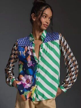 Maeve Anthropologie The Paz Mixed Print Button Down Shirt M